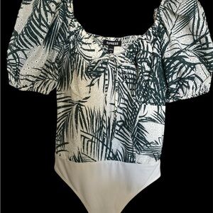 Express Green and White Leaf Print Bodysuit